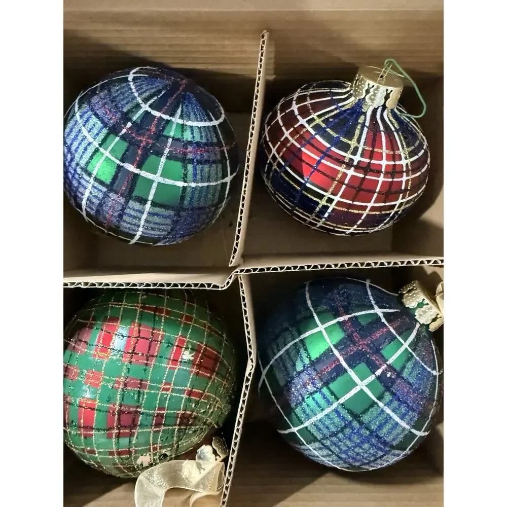 Vintage Jeffrey Banks Home Ornaments Set of 8 Large Plaid Glass Ornaments w/ Box